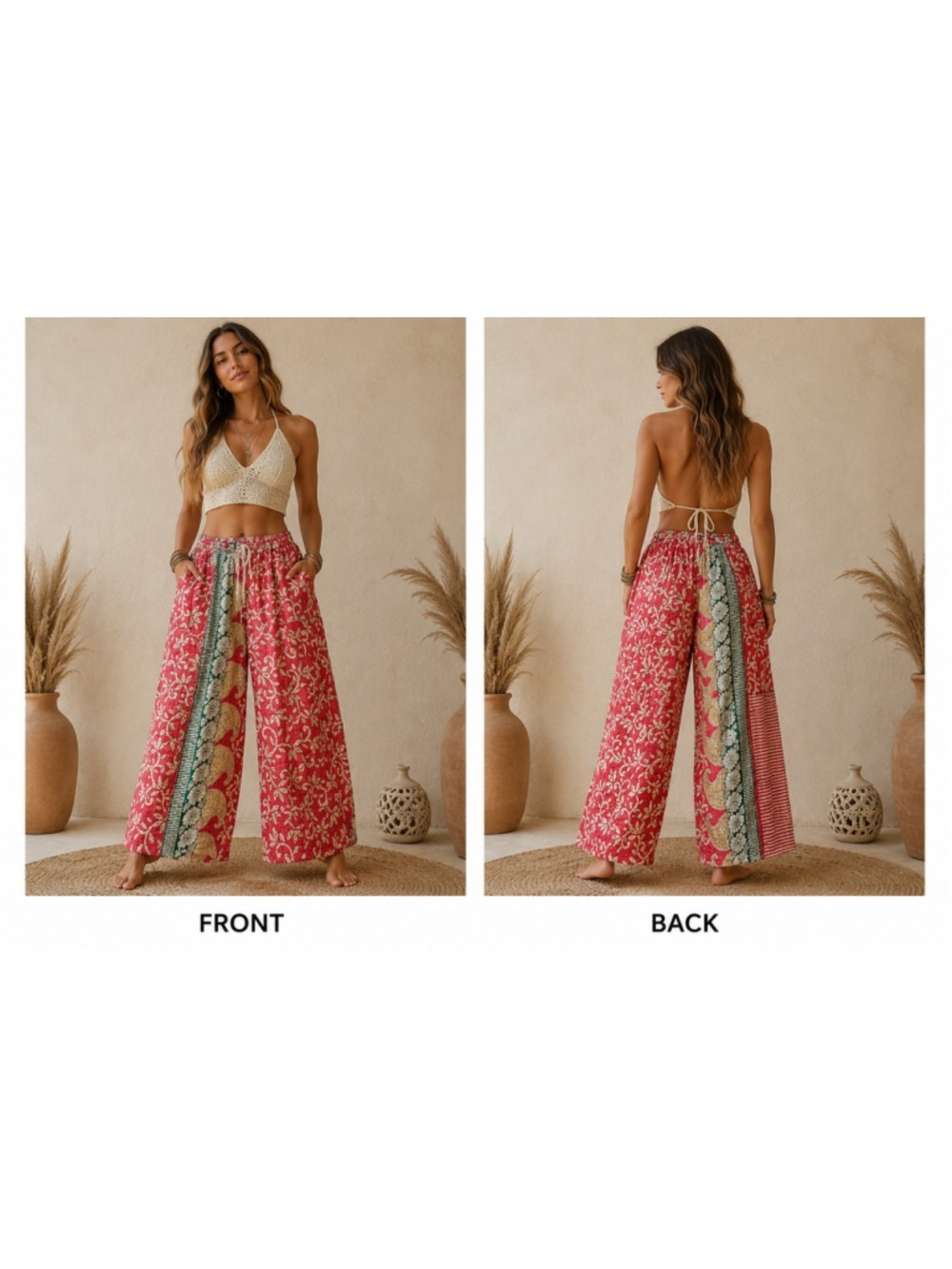 Bohemian Kantha Quilt Reversible Harem Pants / Wide Leg Culottes Pockets OSFM